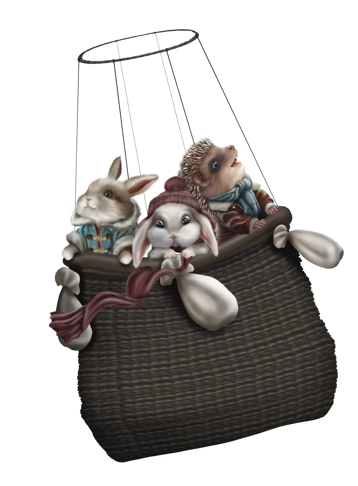 Twee konijnen en een egel met sjaals en mutsen zitten dicht tegen elkaar in een rieten ballonmand.