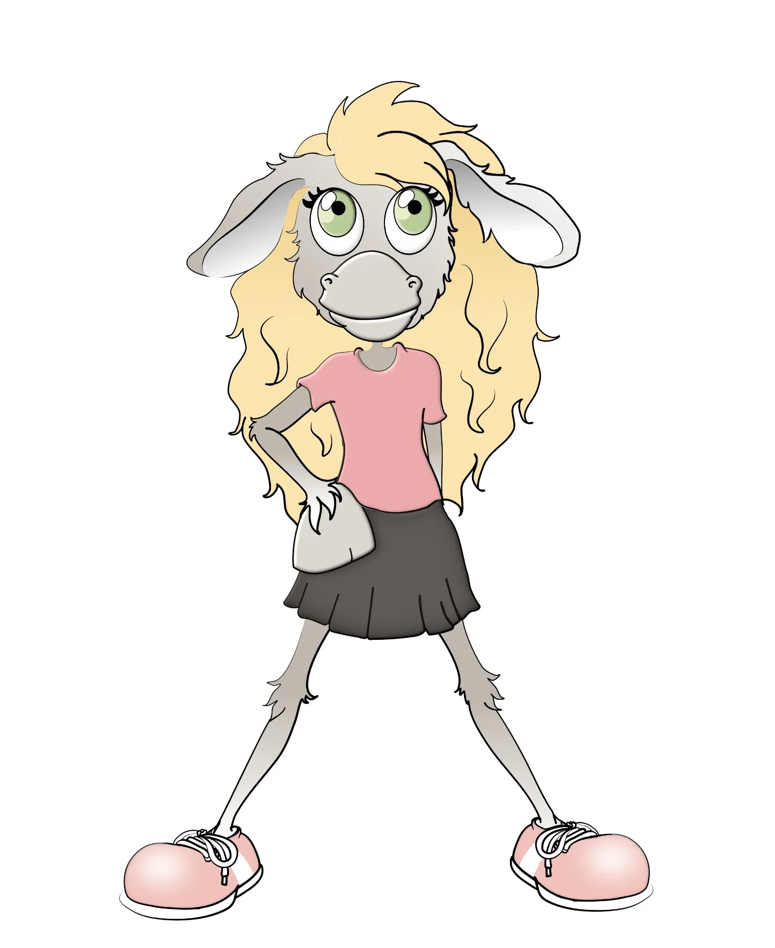 Merith, een eland met lange blonde haren, roze shirt en rokje, staat met een hand op de heup.
