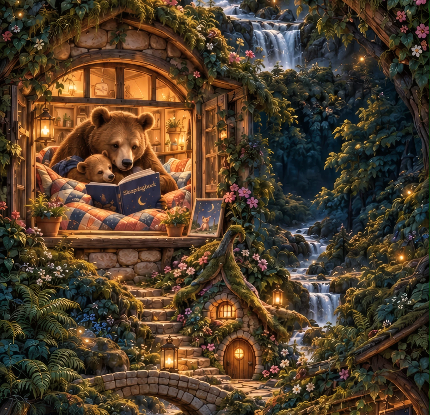 Een grote en een kleine beer lezen samen in een warm verlicht huisje. Een stenen trap leidt langs de waterval naar een bruggetje.