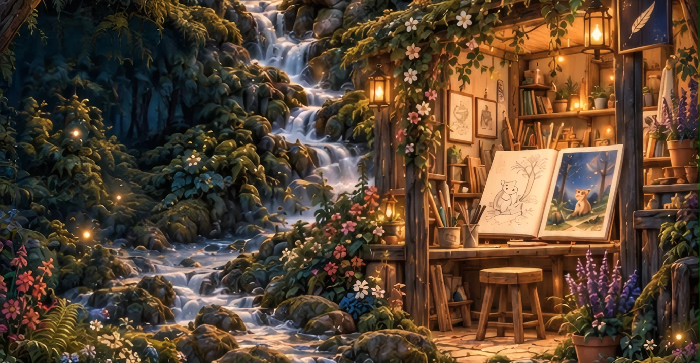 Een knus atelier tussen de bomen, met tekeningen, penselen en boeken. Langs de deur stroomt de beek verder naar beneden.